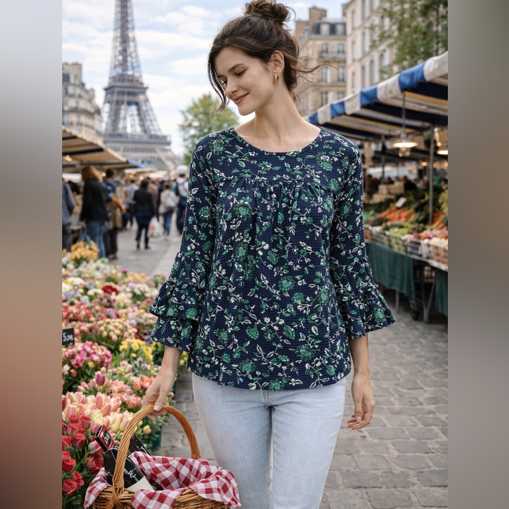 MICHAEL KORS Floral Top M Boho Peasant Ruffled Bell Sleeve Witchy Shirt Blue